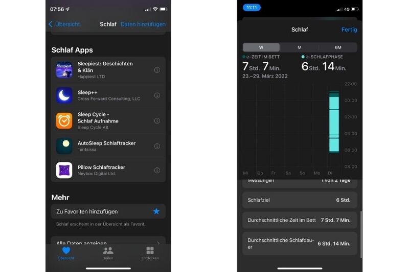 Man sieht die Schlafüberwachung in der Health App.